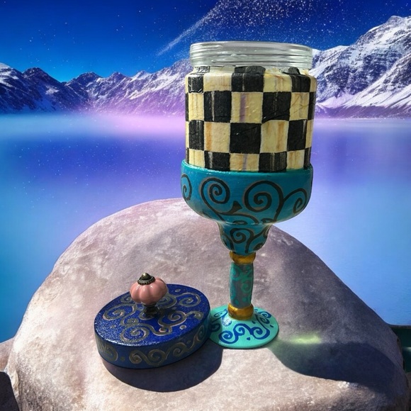 Artistic Blue and Black Checkered Trinket Jar, Mackenzie Child Inspired.. - Picture 4 of 14